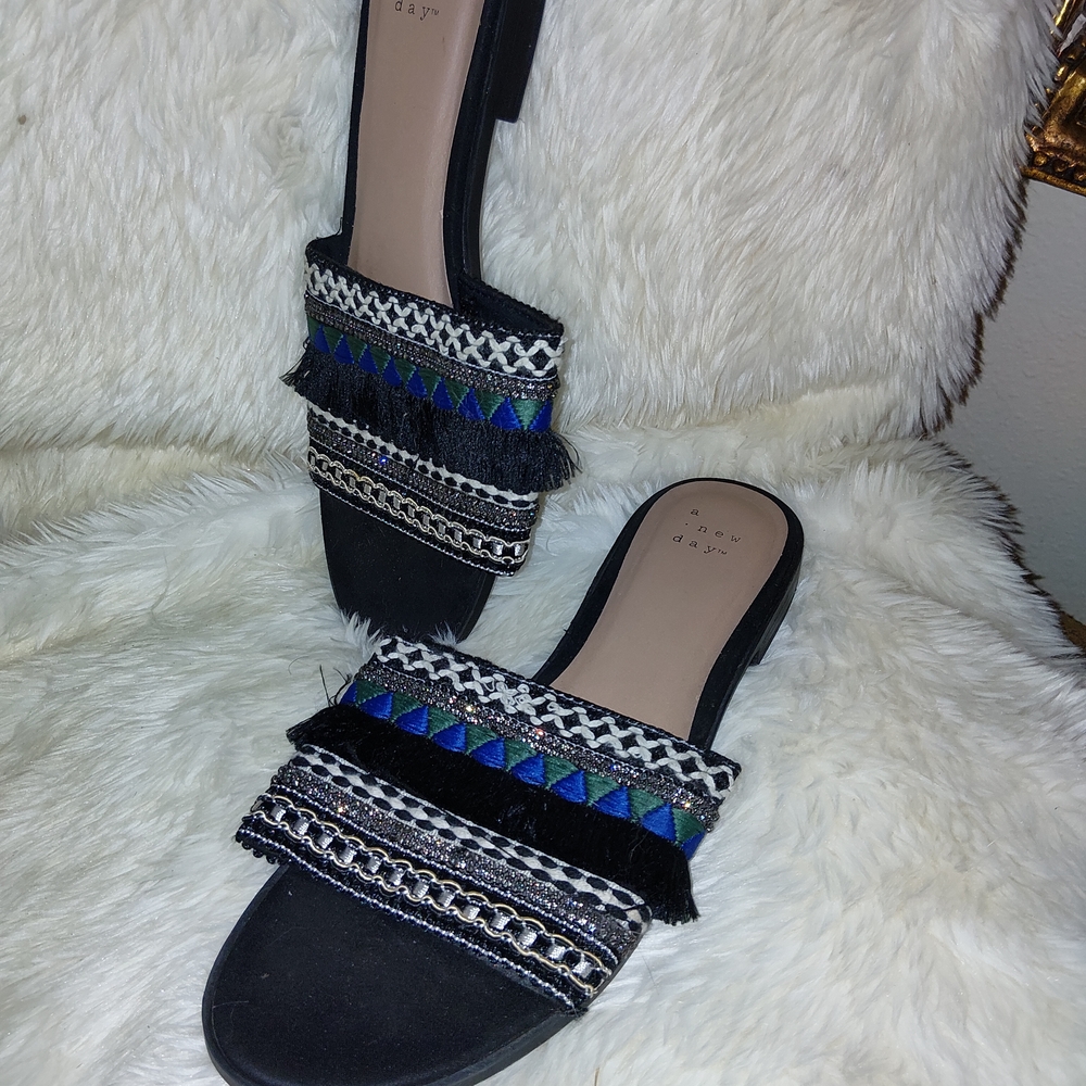 a new day  Womens Solana Slide Black and Blue Patterned Sandals